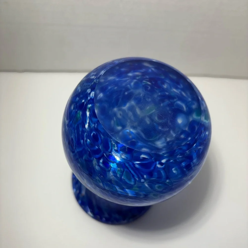 Cobalt Blue Vase White Swirl Art Glass Heavy Glass 5.5” Smooth Bottom Home Decor